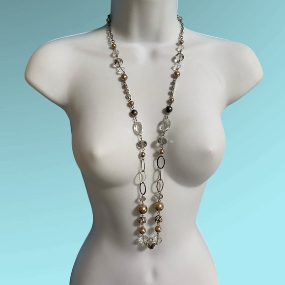 Glass Beads Necklace Silver Tone Chain Faceted Rhinestones - Picture 5 of 8